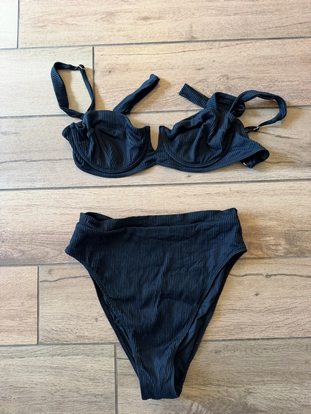 Monday Swimwear Black Ribbed Underwire Bikini Set